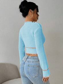 Chiquease Women's Elegant Casual Contrast Trim Front Button Cardigan - Baby Blue - View 2