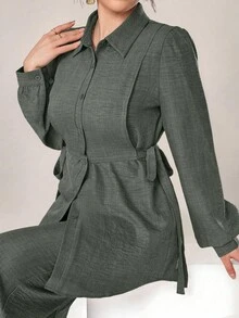 Graceveil Women 2pcs Set Front Button Long Sleeve Casual Blouse And Trousers 2 Pieces Set Modest - Green - View 9