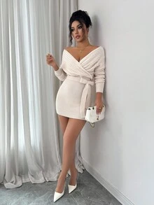 Elenzga Vestido de punto elegante de manga larga con escote en V profundo y lazo para mujer - Albaricoque - Ver 6