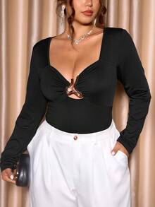 Cravure Christmas Plus Size Elegant Sexy Metal Buckle Long Sleeve T-Shirt Fall Cloth For Women - Black - View 6