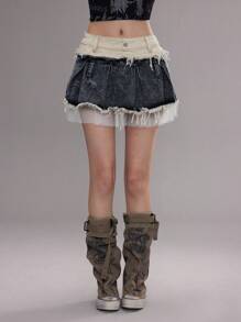 Coolane 女款夏季 Y2K 街头风复古网眼牛仔脏脏拼布裁剪工艺褶皱低腰迷你裙 - 深灰色 - 查看 3