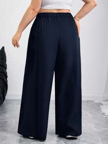 SHEIN CURVE+ Quần áo Curve Plus Size/Mùa thu/Mùa thu cho nữ/Mùa đông cho nữ/Mùa đôngQuần ống rộng đơn sắc cài nút thường ngày cho nữ cỡ lớn, Quần áo mùa thu cho nữQuần áo mùa thu cho nữ,Mùa đông,CURVE PLUS - Màu xanh hải quân - Xem 2