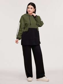 Veilorie Women's Contrast Color Drawstring Hooded Sweatshirt And Pants Casual Loose Suit,Spring Autumn 2 Pieces Set - Army Green - View 3