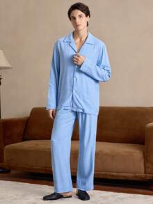 EverLounge Gentleman Vintage British Style Old Money Pattern Pajamas Set For Men - Blue - View 3