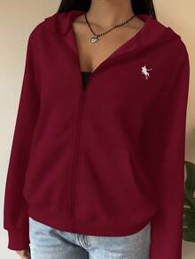 SHEIN EZwear 女式休闲勃艮第拉链连帽运动衫，长落肩袖和紧身下摆常规长度红色连帽衫，女式拉链连帽衫秋冬女装 - 酒紅色 - 查看 3