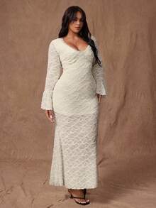 Rustia Plus Size Women's Elegant Lace Patchwork Flare Sleeve Long Dress, Patchwork Ruffle Hem Mermaid Fitted Dress, Autumn/Winter Fall Cloth For Women - Apricot - View 7