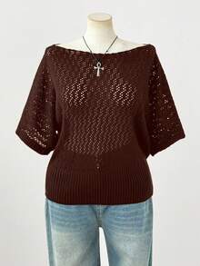 Sunspun 大码女式时尚优雅深色 Y2K 风格短袖针织上衣，适合春夏秋装，适合通勤 - 咖啡棕 - 查看 4
