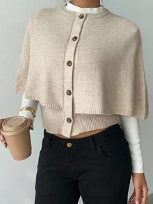 Elenzga Women's Poncho Button Elegant Batwing Knit Cardigan Sweater - Khaki - View 4