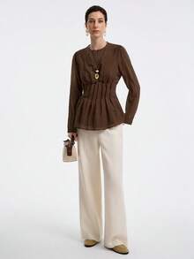 Aalyst Women's Elegant Minimalist High-End Casual, Vacation, Commute Comfortable Solid Color Tencel Cotton Blend Round Neck Waist Pleated A-Line Long Sleeve Blouse, Spring/Autumn/Winter Fall Cloth For Women