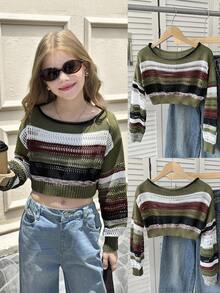 SHEIN Tween Girls Multi Color Striped Pattern Drop Shoulder Pullover Sweater Crop Sweater,Long Sleeve Tops, Suitable For Casual Daily Wear,In Fall/Winter - Army Green - View 13