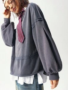 Bohemela Casual Solid Color Knit Round Neck Lantern Sleeve Loose Washed Relaxed Fit Women Sweatshirt In Fall/Winter - Grey - View 1