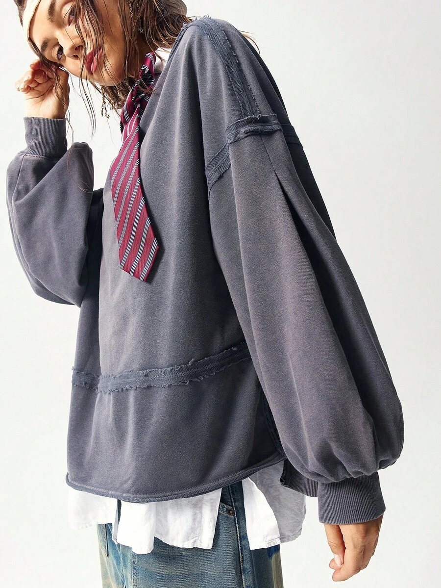 Bohemela Casual Solid Color Knit Round Neck Lantern Sleeve Loose Washed Relaxed Fit Women Sweatshirt In Fall/Winter - Grey - View 1