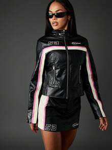 Missguided x Playboy Racing Moto Biker Jacket Y2K Fashion Faux Leather Streetwear Racing Zip Up Crop Bomber Retro 90s Style - Black - View 7