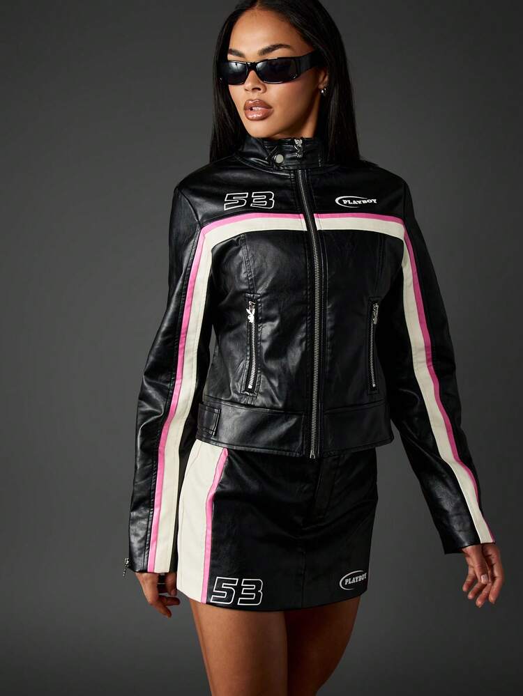 Missguided x Playboy レーシングモーターバイクジャケット Y2Kファッション フェイクレザー ストリートウェア レーシングジップアップクロップボンバー レトロ90年代スタイル