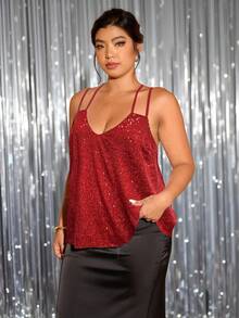 Cravure 加大码女式亮片优雅吊带背心舞会 - 紅色 - 查看 4