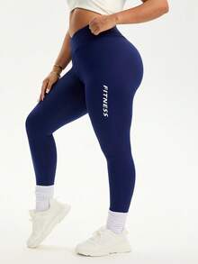 Rhythm Era Plus Size Women's Graphic Slogan V-Waist Tight Fit Leggings, Suitable For Sports, Yoga, Running, Casual Daily Wear Blue Leggings Women Sports Legging Fitness Leggings Workout Leggings Plus Size Leggings Sports Leggings Curve Activewear