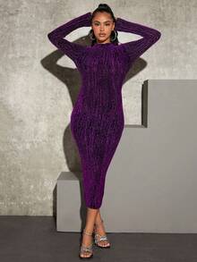 MaterniChic 孕妇纯色修身优雅奢华长袖连衣裙 - 紫色 - 查看 4