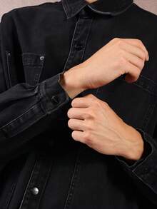 SUMWON 短款工装牛仔夹克，宽松长袖工装衬衫，带多个实用口袋，复古时尚外套，适合秋冬季穿着。 - 黑色 - 查看 6