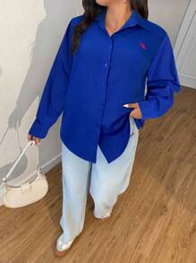 SHEIN EZwear 大码女式纯色蓝色前扣休闲衬衫，时尚百搭，春秋季 - 藏蓝色 - 查看 5