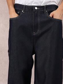 SUMWON 阔腿宽松牛仔裤，工装风格，侧边口袋设计，撞色缝线，秋冬时尚简约款 - 藍色 - 查看 6