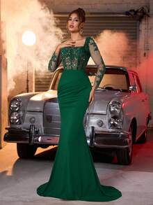 Glamrae Elegant Luxurious Beaded&Rhinestone Embellished Elastic Ruched Mermaid Skirt,Suitable For Weddings,Parties,Vacations,Galas,Formal Occasions - Dark Green - View 6