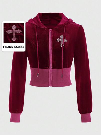 Goth Women's Autumn Rhinestone Cross Pattern Zip-Up Drawstring Hooded Casual Jacket