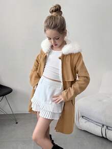 Tween Girl Patchwork Faux Fur Hooded Long Sleeve Cinched Waist Casual Jacket, Autumn/Winter Fall - Khaki - View 3
