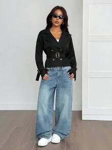 SHEIN PETITE Beige Button-Down Drawstring Trench Coat Women's Black_crop_jacket Women_black_blazer Black_jacket_women Black_belted_jacket Short_black_jacket In Fall/Winter