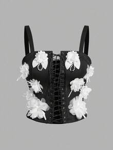 BamGleam 女士 3D 花朵绑带镂空吊带背心和迷你裙性感套装 - 黑色 - 查看 3