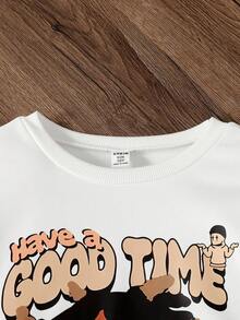 青少年男孩运动衫套装，新款秋冬脸部图案印花圆领运动衫搭配米色抽绳工装裤，休闲可爱的返校装 - 杏色 - 查看 7