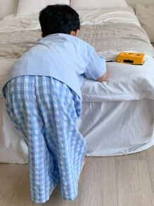 Dazy Kids 2件組小男孩純色針織短袖T恤 + 梭織格紋長褲休閒套裝，春/夏 - 藍色 - 查看 6