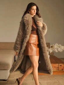 Anewsta 休闲宽松咖啡棕色蓬松人造毛皮夹克，冬季外套 - 咖啡棕 - 查看 8