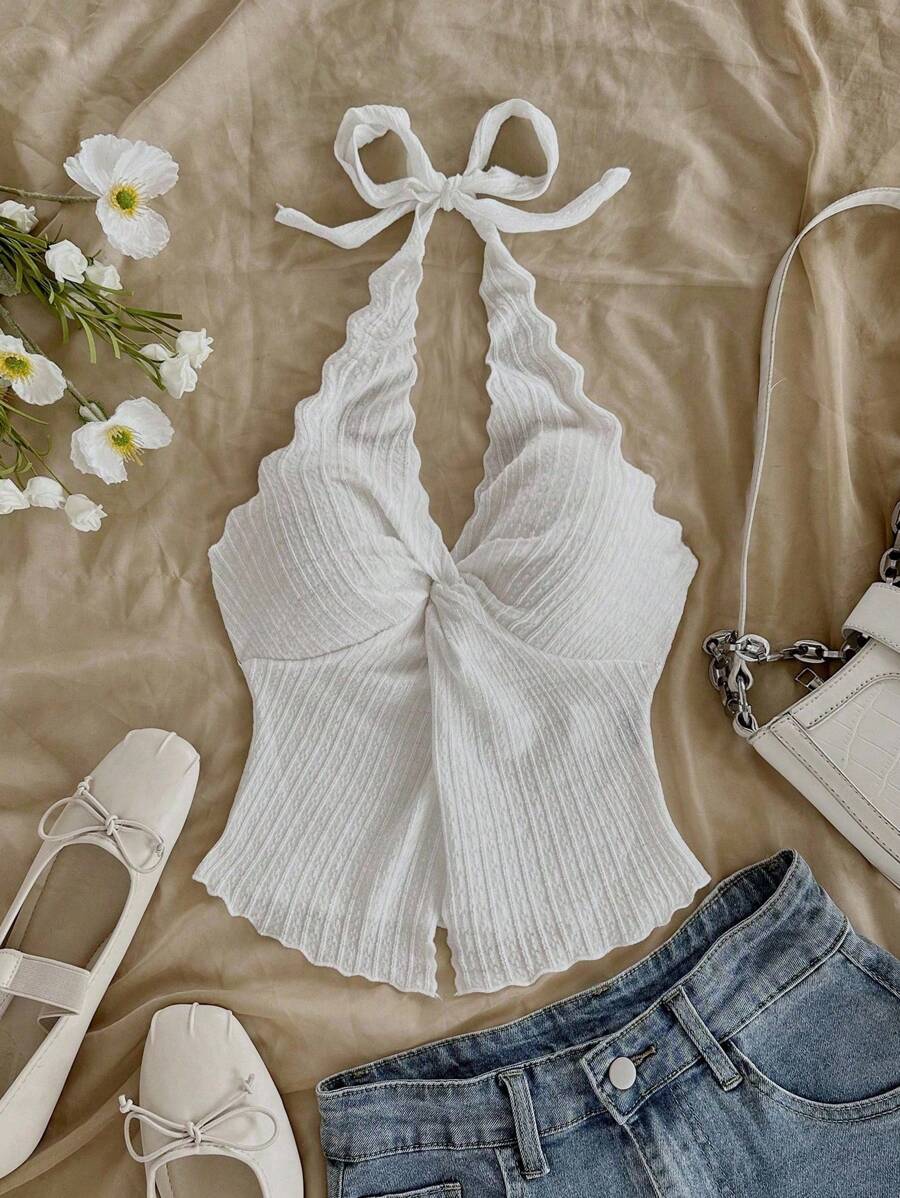 Soleia Fashionable Sexy Halter Neck Tie Knot Hem Slit Open Back Tank Top - Beige - View 1