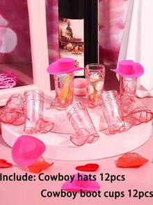 24件套（12顶迷你塑料牛仔帽和12个牛仔靴杯），西部牛仔帽靴杯，派对用品，适合主题生日派对装饰和牛仔单身派对礼品，1盎司