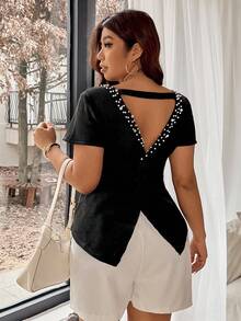 Vionelle Plus Size Women French Style Beaded Short Sleeve Knit Top, Elegant, Fashionable, Versatile, Casual & Minimalist - Black - View 3