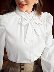 Vintamour 大码女装春秋时尚优雅舒适日常宽松复古杏色长袖纽扣衬衫，女式衬衫，教师服，办公室上衣，曲线衬衫，商务休闲女装，工作服女装，长袖上衣 - 白色 - 查看 2