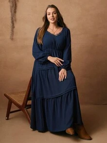 Rosumi Gaun Lengan Panjang Berenda dengan Hiasan Rumbai Warna Polos Ukuran Besar, Pakaian Musim Dingin untuk Wanita, Pakaian Musim Gugur untuk Wanita, Gaun Panjang Kasual - Navy Blue - View 5