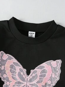 2 件套年轻女孩可爱圆领亮片蝴蝶结装饰长袖运动衫 + 迷你喇叭裤，适合街头、休闲、学校、通勤、户外聚会、春秋季 - 彩色 - 查看 6