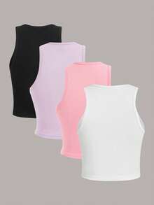 SHEIN Essnce Set de 4 camisetas de tirantes ajustadas de unicolor con cuello redondo, ropa de verano versátil para mujeres - Multicolor - Ver 2