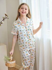 Girls Colorblock  Floral Print Button Front Pajama Set Floral Pajama Set Kids Collar Neck Long Pajama Sets - Yellow - View 3