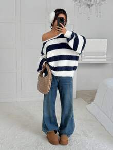SHEIN EZwear Women's Casual Striped Asymmetric Neck Long Sleeve Loose Knit Sweater, Autumn - Multicolor - View 6