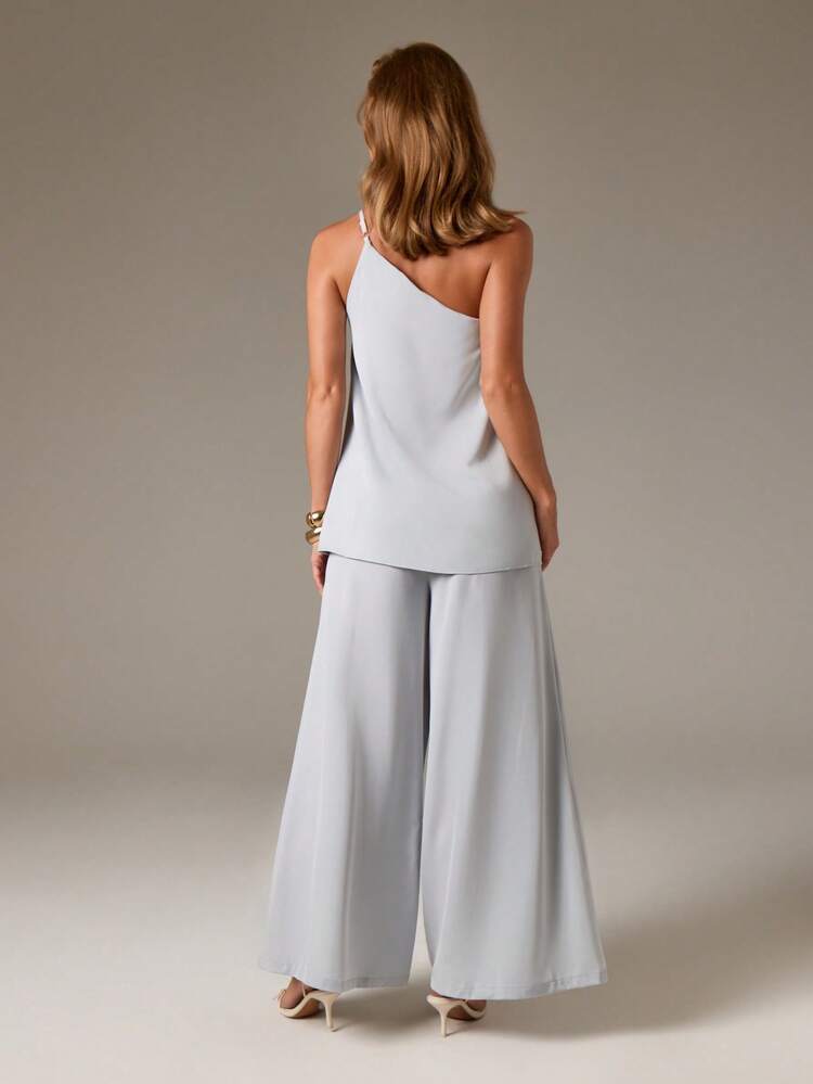 Satin One Shoulder Top And Wide Leg Pants With Beaded Detail