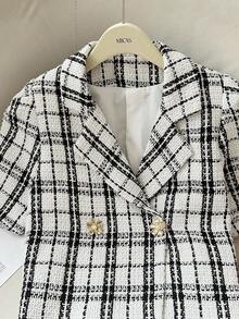 Modelyn Blazer corto casual de cuadros para mujer, de verano - Blanco y Negro - Ver 3