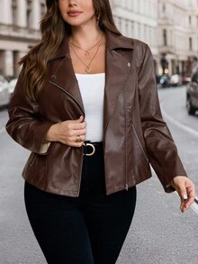 SHEIN Clasi 大码女式休闲时尚长袖拉链PU皮夹克秋季款 - 咖啡棕 - 查看 3