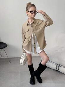 Tween Girl Casual Versatile Striped Patchwork Hoodie - Khaki - View 8