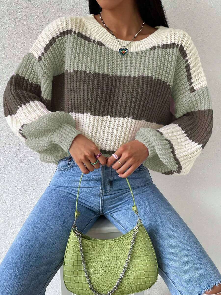 EMERY ROSE Women's Casual Loose Fit Contrast Color Round Neck Drop Shoulder Long Sleeve Sweater, Autumn