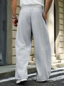 Manfinity Homme Quần nỉ ống rộng dáng rộng màu trơn có dây rút ở eo dành cho nam cỡ lớn - Xám - Xem 2