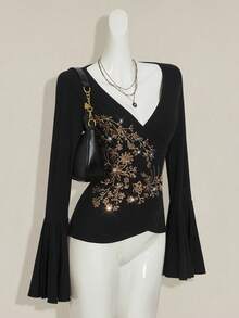 SHEIN ICON 女式长袖翻领喇叭袖复古上衣，舒适时尚，适合居家、旅行、秋冬穿着 - 黑色和金色 - 查看 5