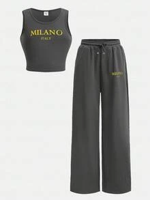 SHEIN 2pcs Tween Girls Letter Graphic Fitted Tank Top And Drawstring Shorts Set 2 Piece Woman Set Pants And Top Set Girl Co Ord Sets 2 Piece Set Teen Milano Italy Set - Dark Grey - View 2