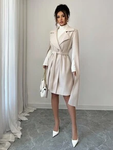Elenzga 女士优雅系带米色中长款大衣 - 杏色 - 查看 6